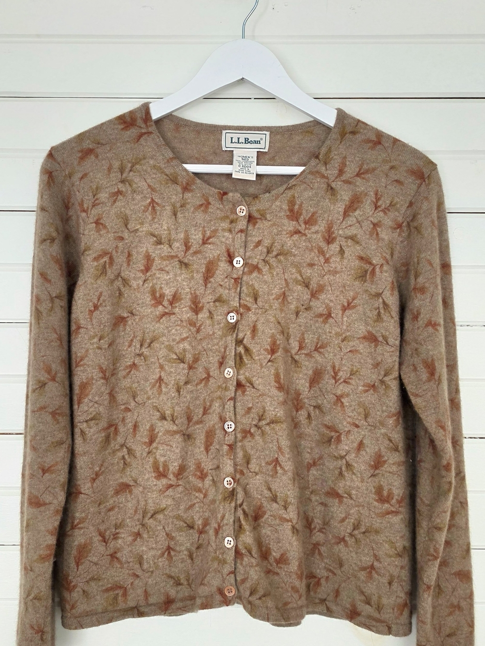 Vintage L.L. Bean Botanical Leaf Print Lambswool Angora Blend Cardigan - Size Me